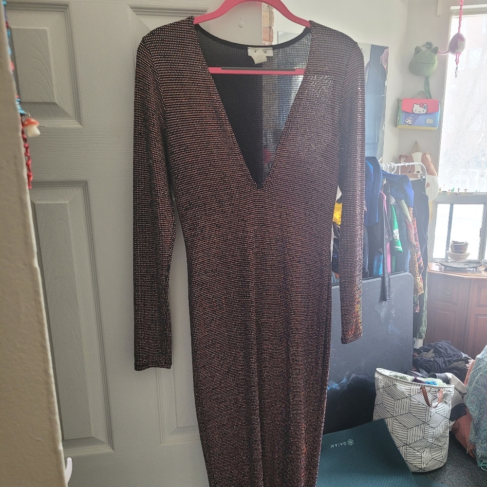 Black Bead Long Sleeve Mesh Rainbow Sparke Dress